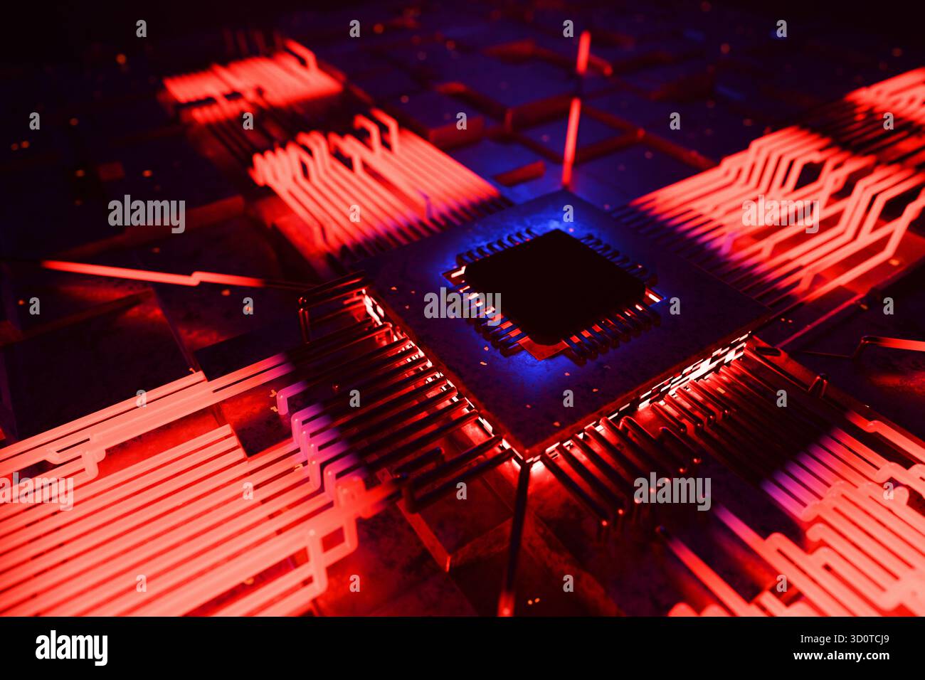 Technologischer Quantencomputer-KI-Prozessor mit blauem und rotem Licht, kreative Idee. Künstliche Intelligenz, Konzept. Technologie und Siliziumschaltung B Stockfoto