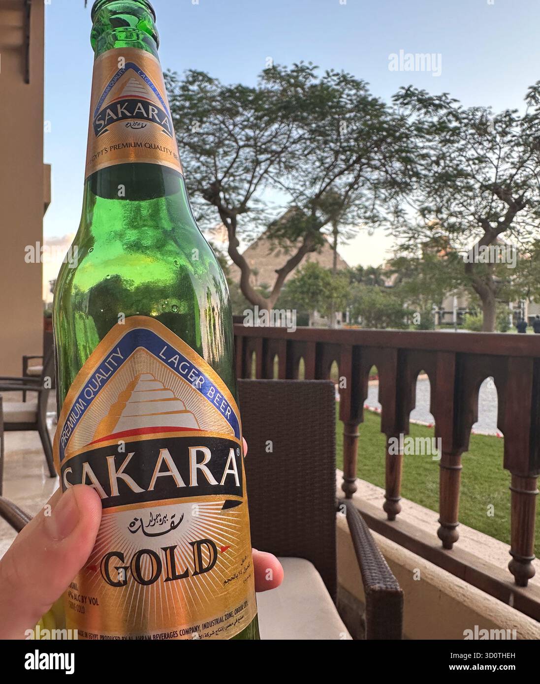 Touristen halten eine Flasche Sakara Bier, ein ägyptisches Lager, im Marriott Mena House Hotel vor den Großen Pyramiden von Gizeh, Ägypten - Smartphone-aufgenommenes Stockfoto