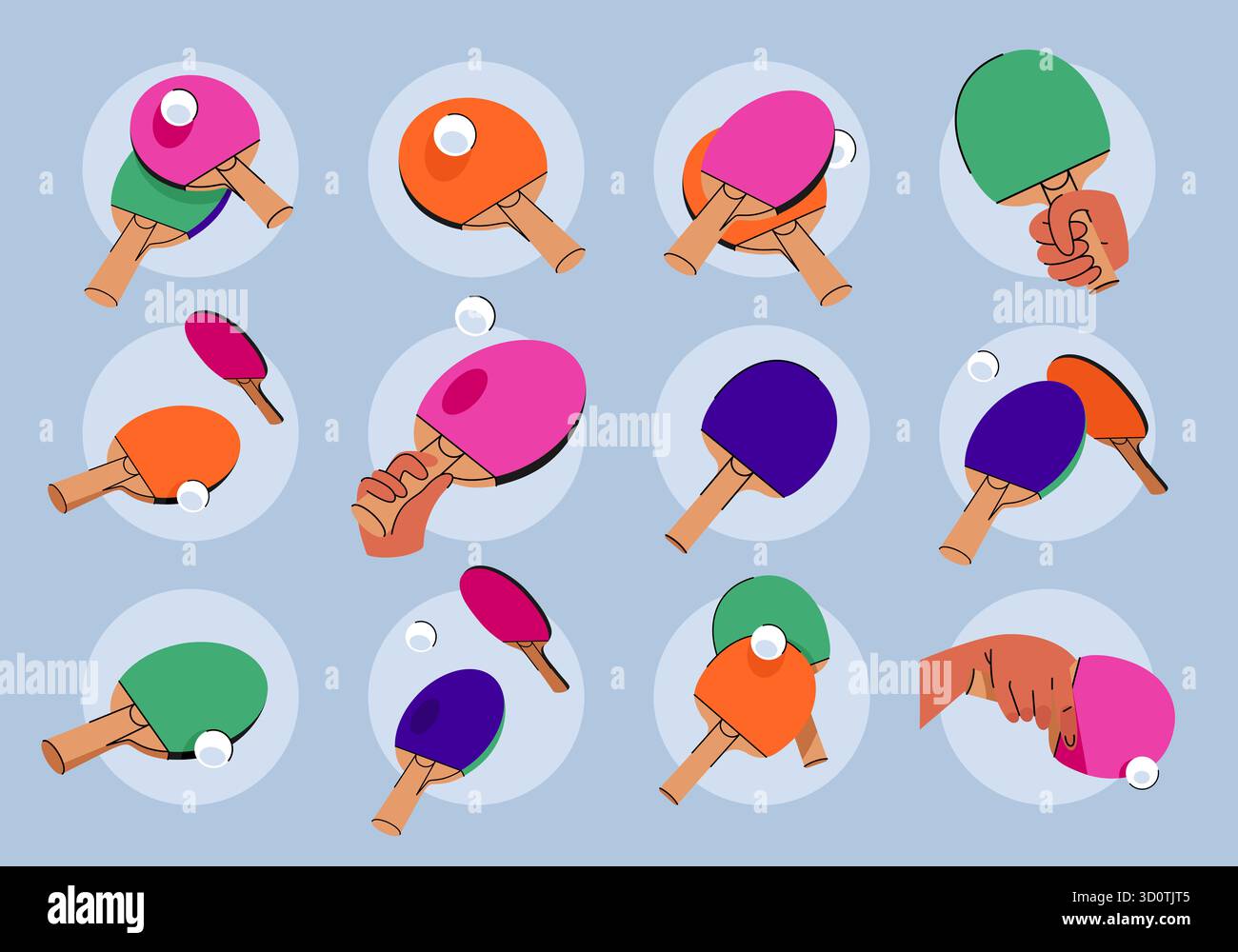 Abbildungen von Tennisschlägern mit Ball aus verschiedenen Blickwinkeln im Doodle-Stil. Set mit Stickern zum Thema Tennis, Pin Pong, Tennis Turnier Stockfoto