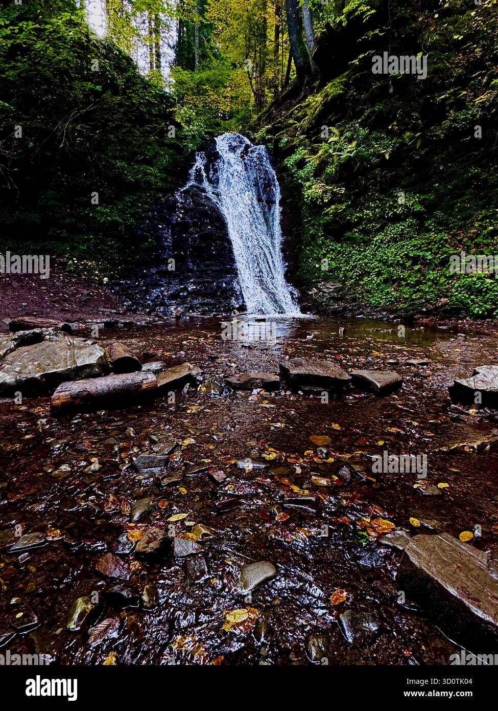 Ein atemberaubender Wasserfall, der sich durch üppiges Grün stürzt und einen friedlichen und erfrischenden natürlichen Rückzugsort schafft - Smartphone-aufgenommenes Stockfoto