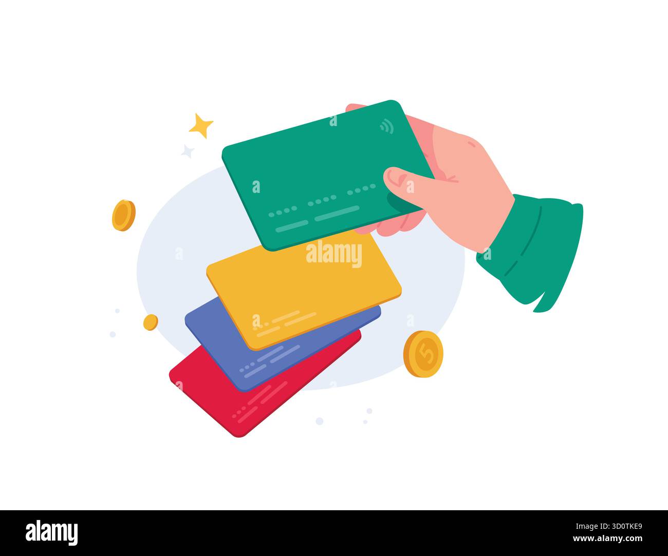 Abbildung: Hand, die eine Bankkarte hält. Debit- oder Kreditkarte. Ein Symbol für bargeldlose Zahlungen und Bankdienstleistungen. Der Begriff der bargeldlosen Zahlung Stock Vektor