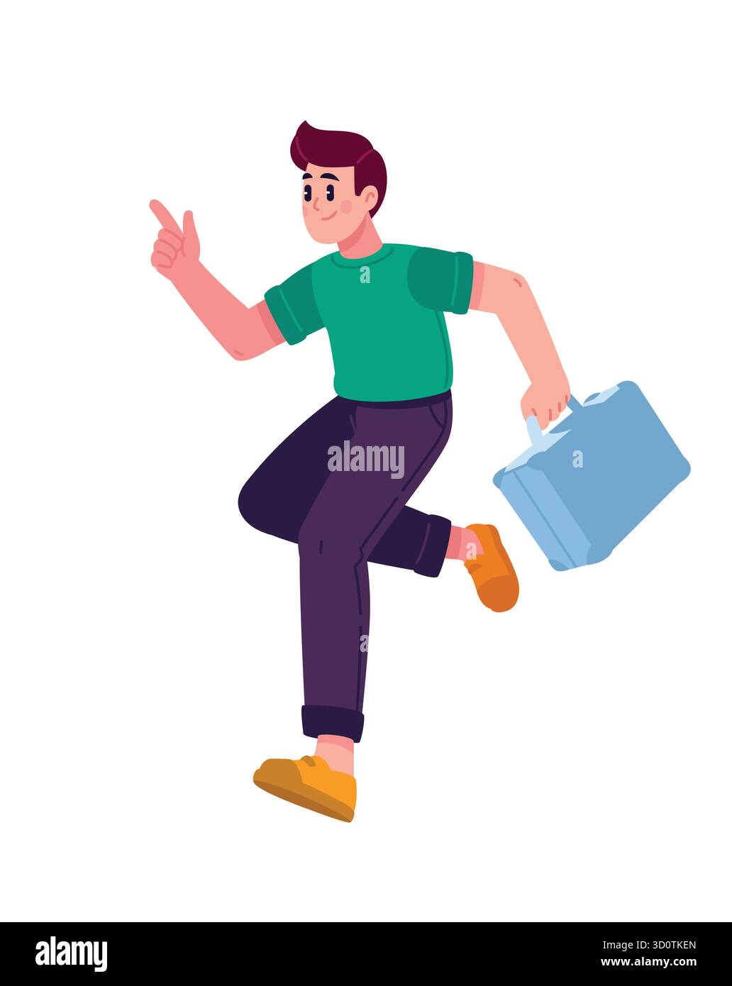 Illustration eines Mannes in lässiger Kleidung, der mit einer Aktentasche läuft, nach vorne und oben zeigt. Das Konzept der Reise, Bewegung, Geschäftsreise oder des Stock Vektor