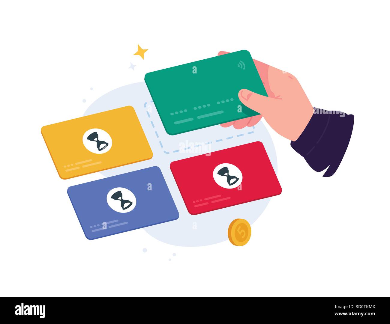 Abbildung: Hand, die eine Bankkarte hält. Debit- oder Kreditkarte. Ein Symbol für bargeldlose Zahlungen und Bankdienstleistungen. Der Begriff der bargeldlosen Zahlung Stock Vektor