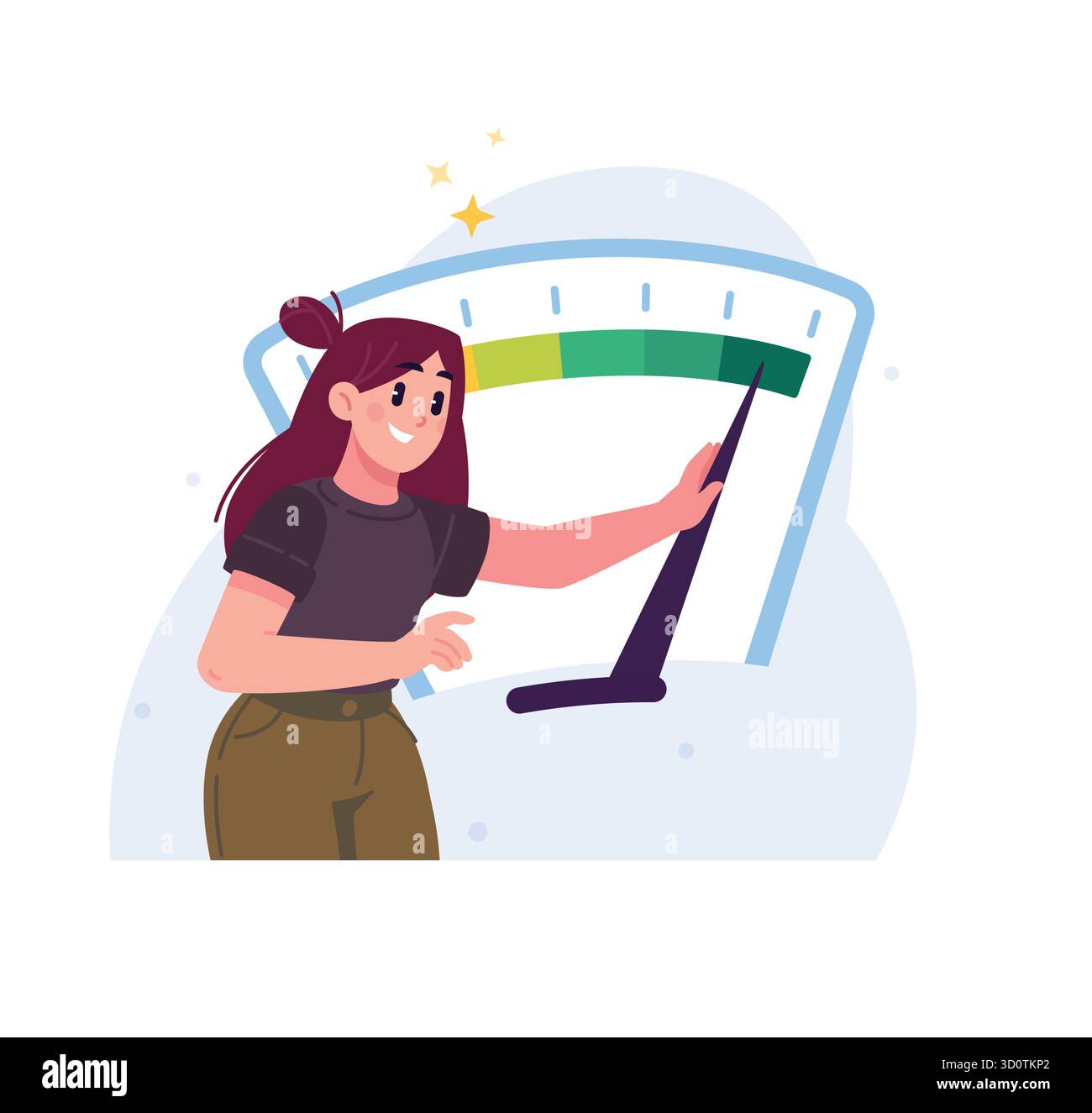 Das Mädchen steht am Tachometer und misst die Geschwindigkeit. Messen der Geschwindigkeit des Internets oder anderer Geräte. Illustration für Konstruktionsprojekte, Web Stock Vektor