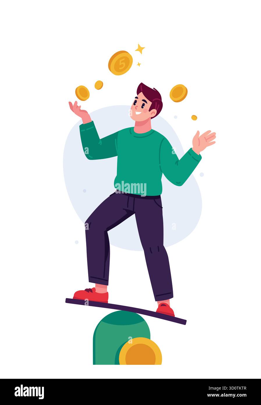 Ein junger Mann balanciert und jongliert Münzen. Kontensaldo. Das Image der Finanztechnologie und des digitalen Zahlungsverkehrs. Das Konzept von Zahlung, Finanzierung und Stock Vektor