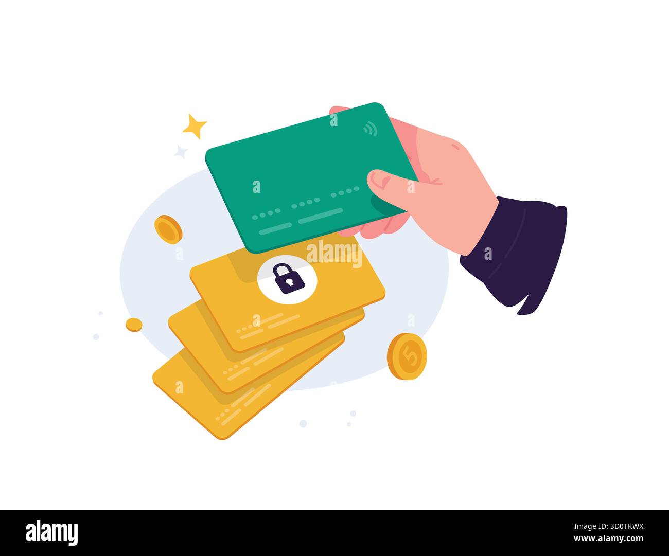 Abbildung: Hand, die eine Bankkarte hält. Debit- oder Kreditkarte. Ein Symbol für bargeldlose Zahlungen und Bankdienstleistungen. Der Begriff der bargeldlosen Zahlung Stock Vektor