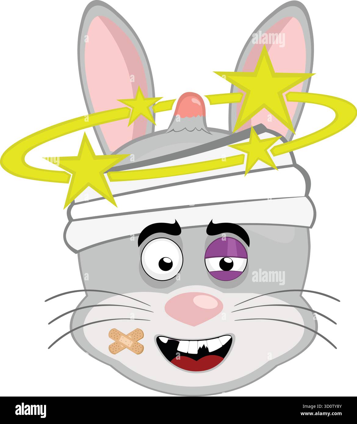 Vektor-Illustration Emoticon Charakter Gesicht Kaninchen Nagetier, verletzt mit einem blauen Auge und Sehen Sterne Stock Vektor