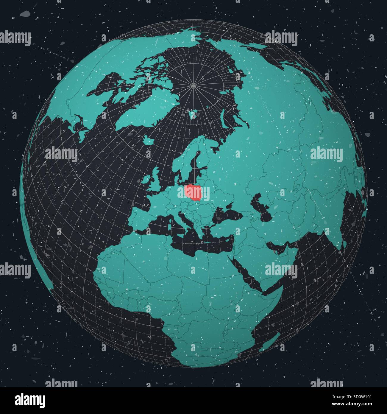 Polen auf dem Globus. Vintage-Look mit zerkratzter Grunge-Textur. Länderansicht auf der Weltkarte in dunklem Anthrazit Türkis. Polen Form auf der Karte. Stock Vektor