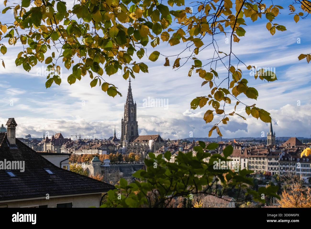 Berner Dom (Berner Münster) ab Muristalden mit dramatischem Wetter Stockfoto