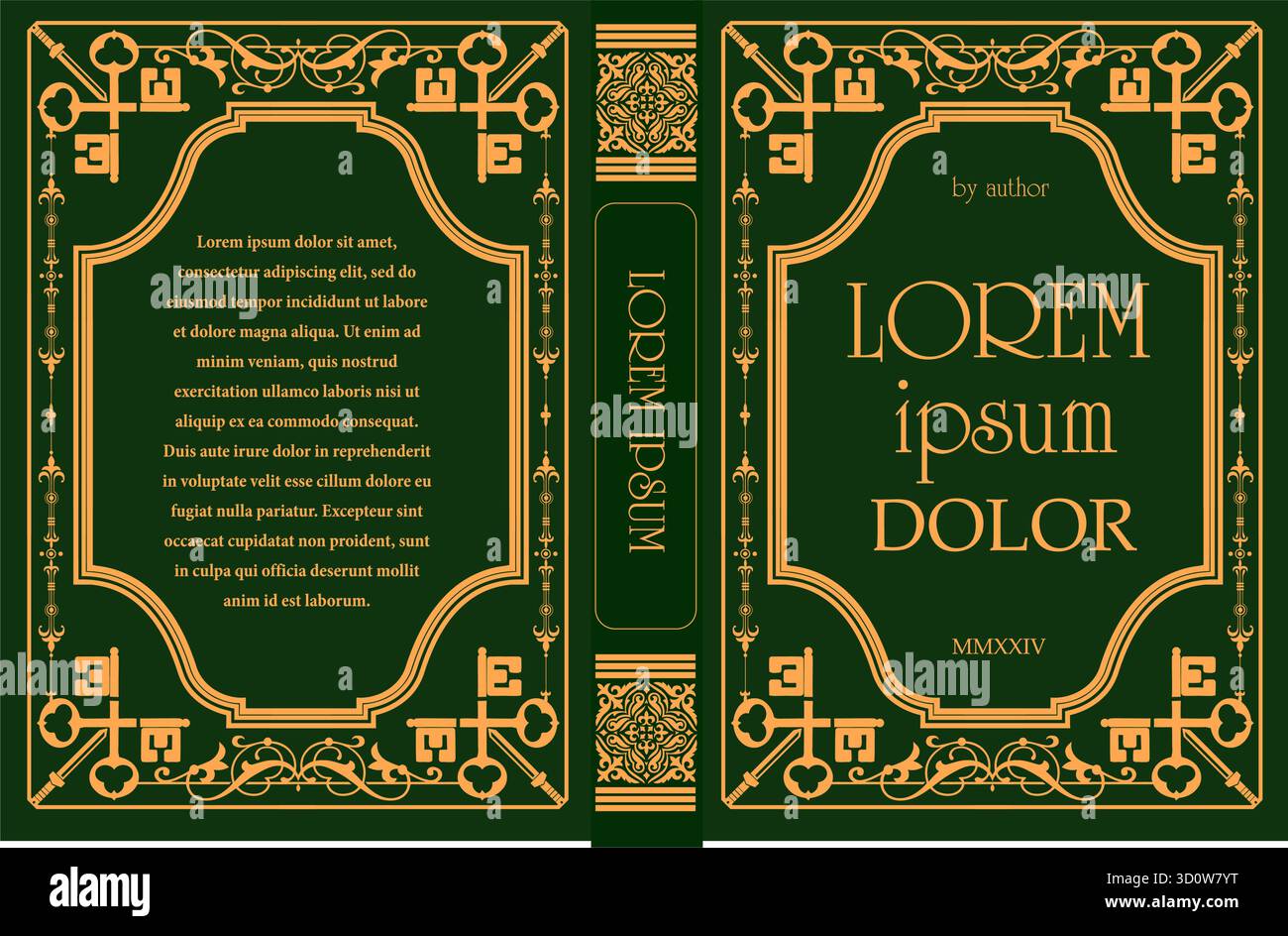 Grün-goldenes Buchumschlagdesign mit kunstvollen Rahmen, Schlüsseln und dekorativen Elementen, die ein Gefühl von Vintage-Eleganz und Geheimnissen wecken Stock Vektor