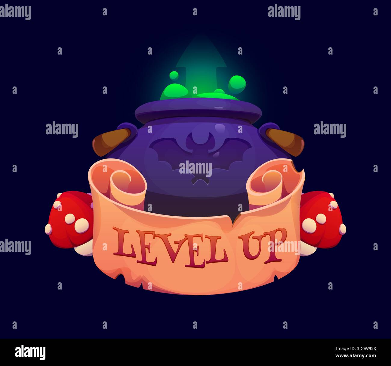 Halloween Level Up Rang, Spielabzeichen von Kessel Stock Vektor