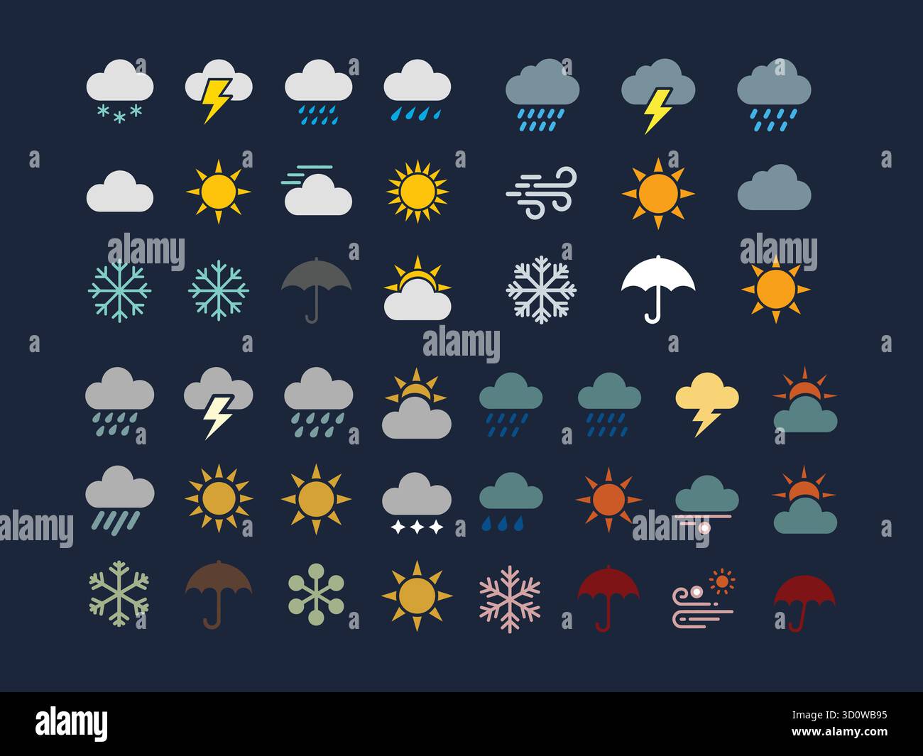 Wettervorhersage Vektor-Symbolsatz, einschließlich Sonne, Wolke, Regen, Schnee, und Wind. Stock Vektor