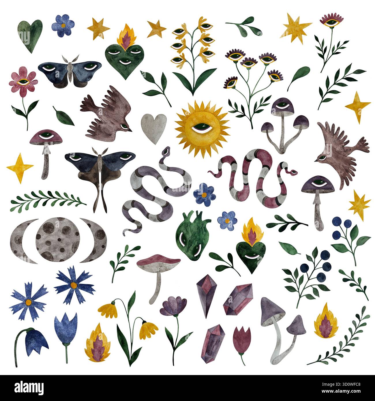 Wasserfarben Zauberwald Set. Pilze, Blumen, Herzen, Vögel, Motten, Sonne, Mond, Kristalle, Beeren auf weiß. Stockfoto