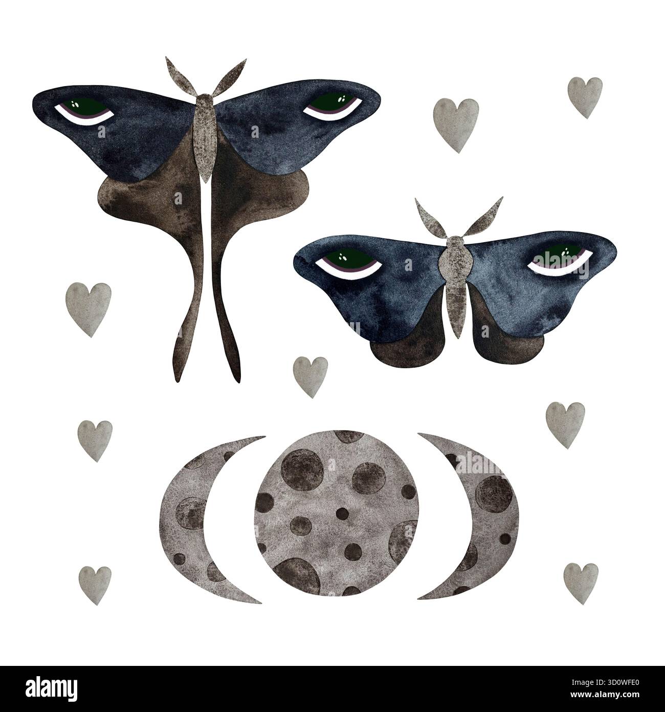 Mondmotten- und Mondphasen in Wasserfarben. Set von Falter mit Augen und Mondphasen isoliert auf weiß. Stockfoto