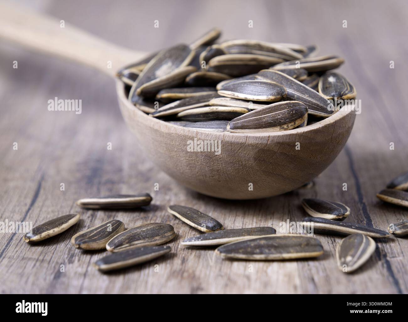Gestreifte Sonnenblumenkerne in einem Löffel auf einem Holztisch. Nahansicht. Stockfoto