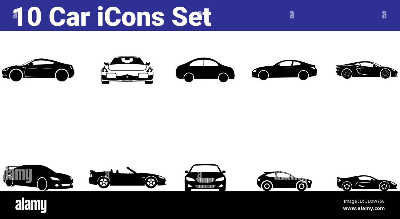 Satz mit 10 schwarzen Fahrzeugsymbolen, die verschiedene Fahrzeugtypen und Ansichten anzeigen Stock Vektor