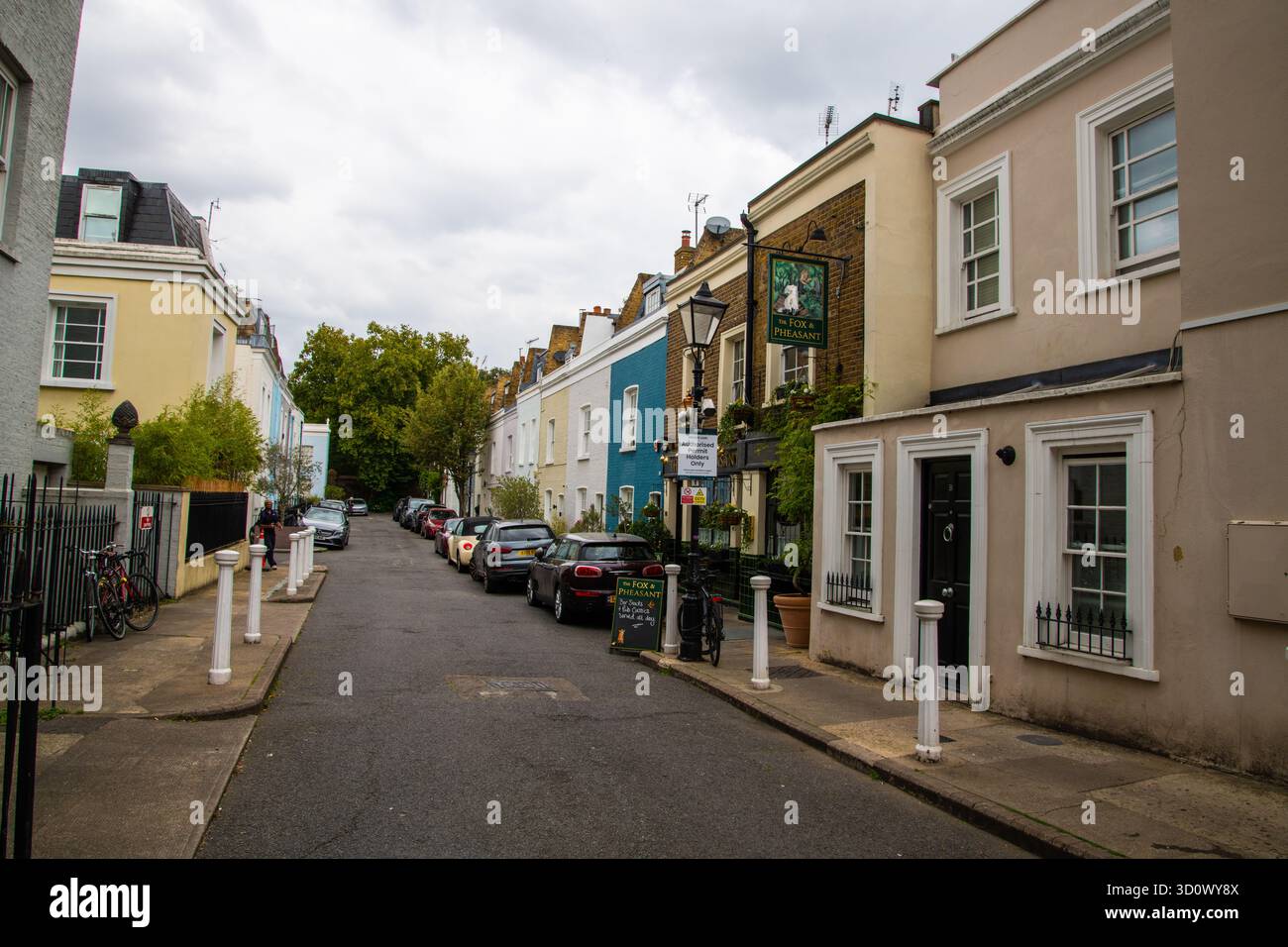 Bezaubernder Blick auf den Fox and Pheasant Pub in einer ruhigen Chelsea Wohnstraße in London, traditionelle britische Architektur. Stockfoto