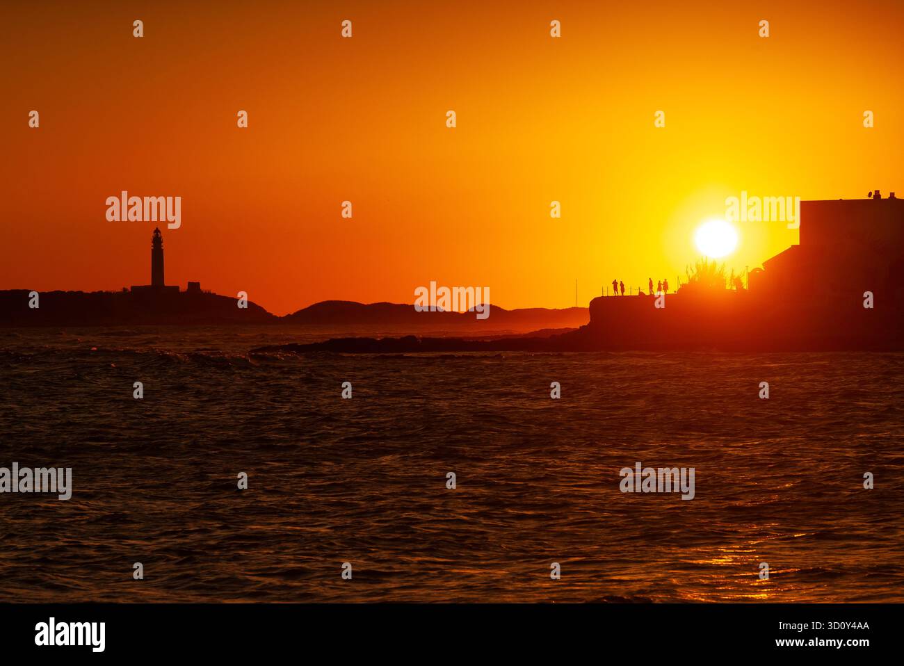 Trafalgar Leuchtturm bei Sonnenuntergang, canos de Meca, Cadiz Stockfoto