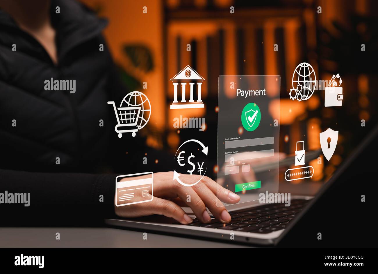 Online-Zahlung. Person, die sichere Online-Zahlungen auf einem Laptop mit digitaler Geldbörse, Kreditkarte, globaler Transaktion, E-Commerce-Kasse und Finanzdienstleistungen tätigt Stockfoto