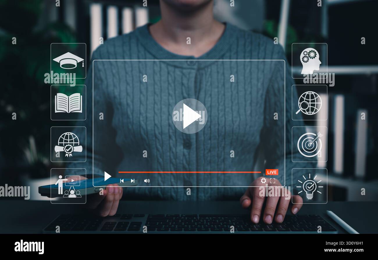 Online-Bildung und E-Learning-Konzept. Live-Streaming im Bildungsbereich, Symbole für Fernunterricht, Wissensaustausch, Bildungswesen Stockfoto