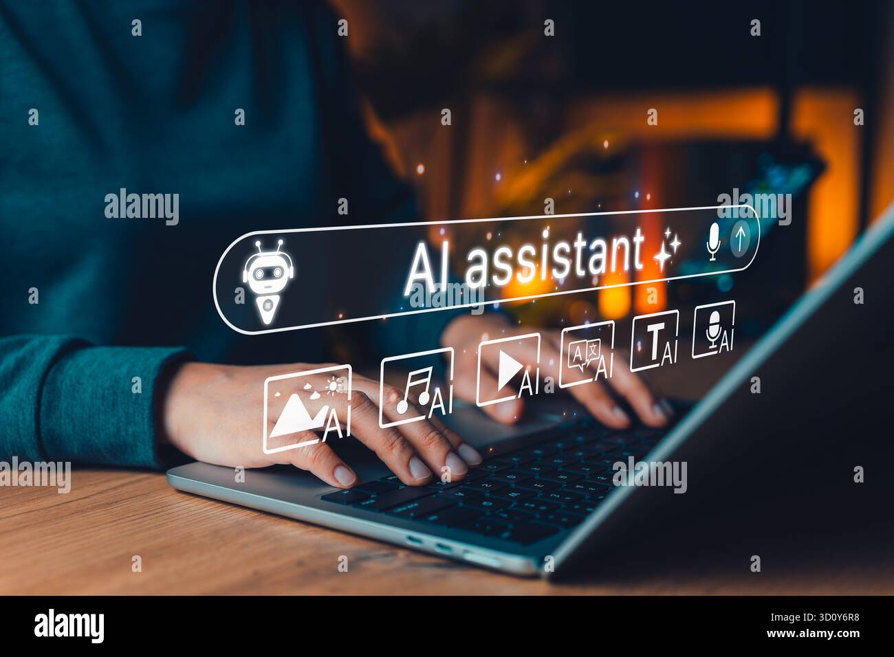 AI-Agent-Konzept. Benutzer interagieren mit der Benutzeroberfläche des KI-Assistenten auf dem Laptop und zeigen generative KI für Text, Bild, Audio, Video und Übersetzung. Stockfoto
