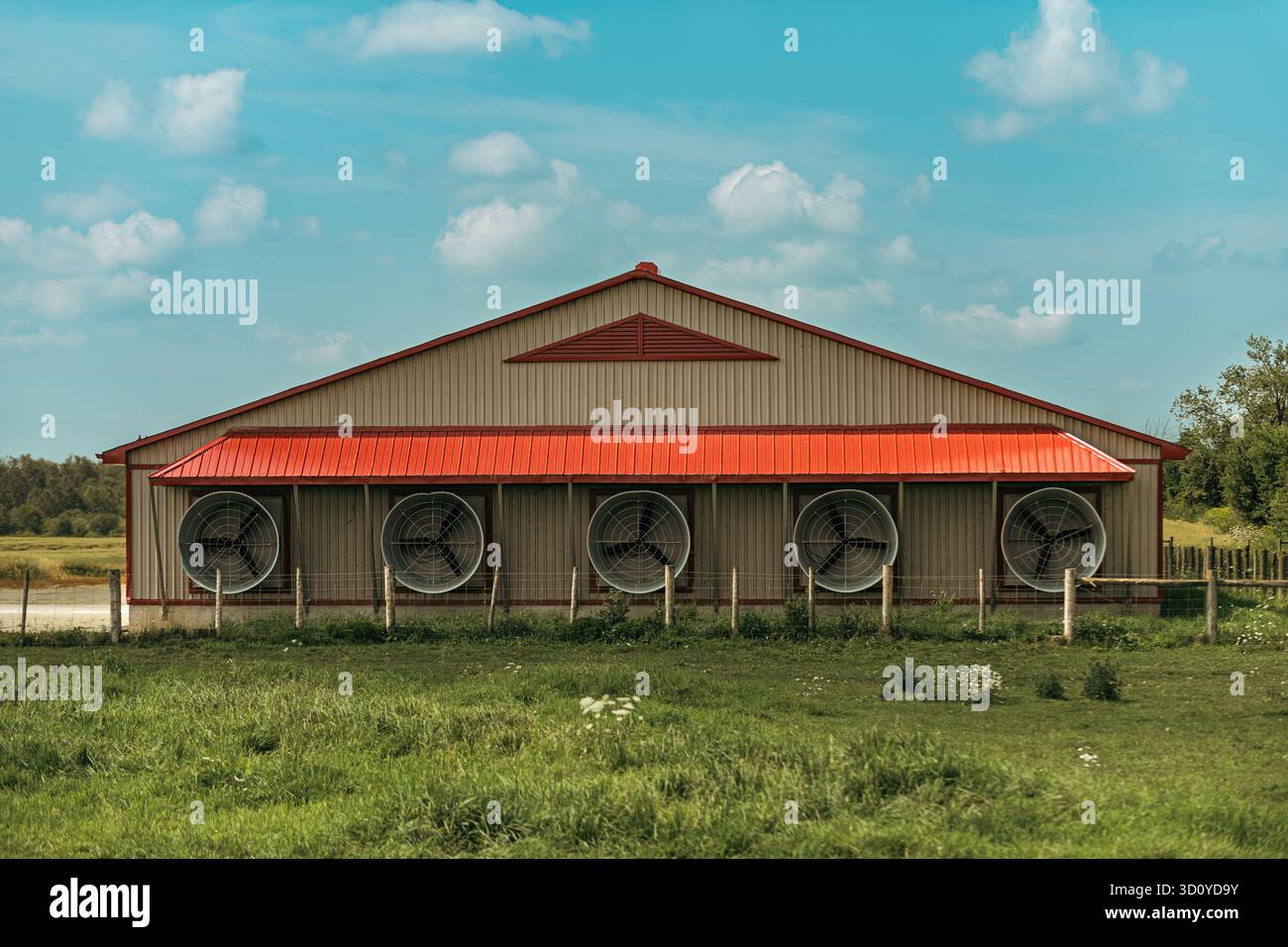 Eine Viehscheune mit rotem Metalldach und sechs großen kreisförmigen Lüftungsventilatoren steht mitten auf einer ländlichen Weide in Ontario. Die Struktur ist photogr Stockfoto