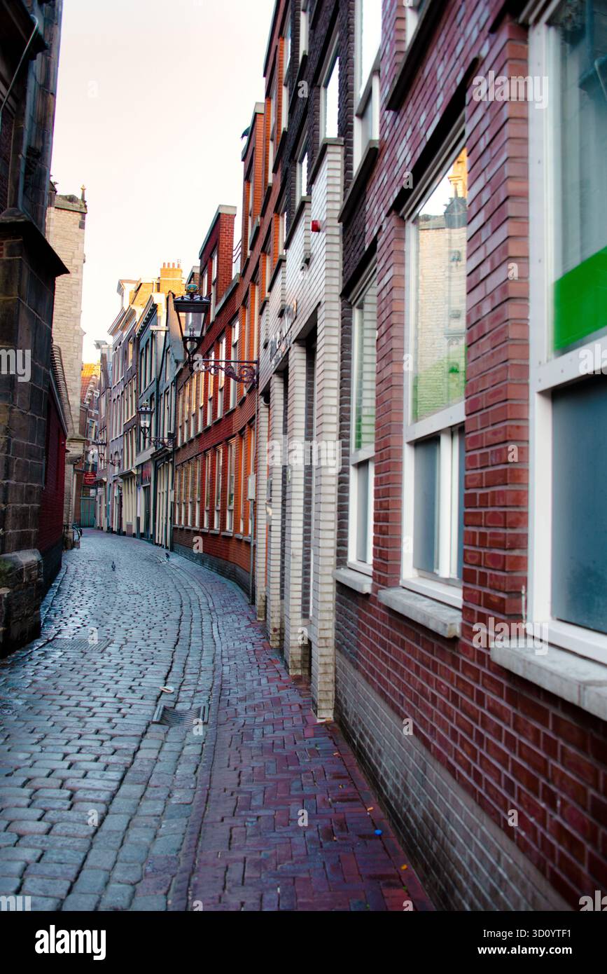 Eine enge, geschwungene Kopfsteinpflasterstraße in Amsterdam, gesäumt von hohen Backsteinhäusern und weiß gerahmten Fenstern. Stockfoto