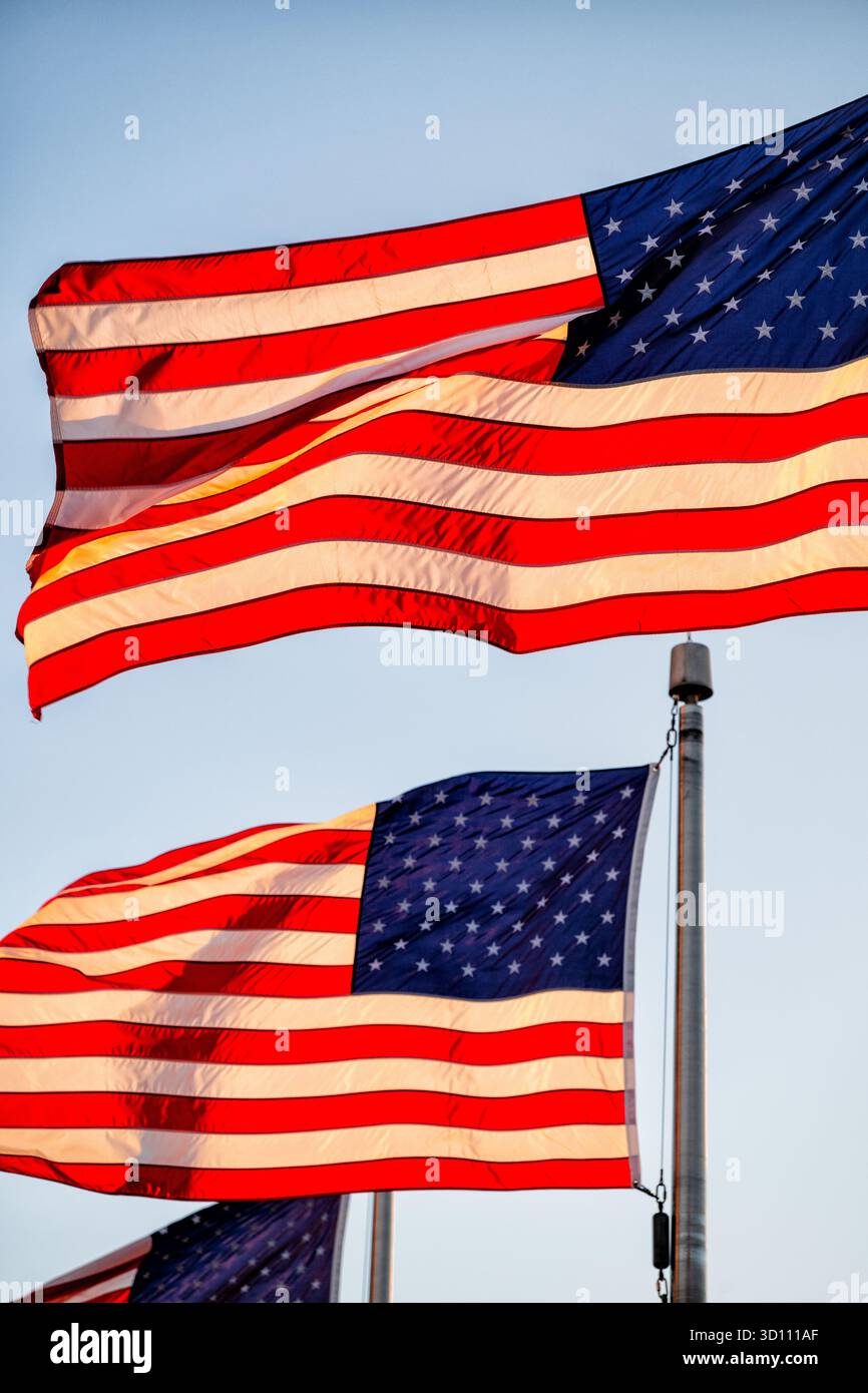 Amerikanische Flaggen winken im Sonnenlicht der Golden Hour Washington DC // WASHINGTON DC – amerikanische Flaggen winken am späten Nachmittag in der goldenen Sonne, nur wenige Minuten vor Sonnenuntergang, gegen den Himmel in der Nähe des Washington Monuments. Diese Fahnen werden typischerweise um die Basis des berühmten Obelisken gehisst, der George Washington, den ersten US-Präsidenten, ehrt. Das Denkmal ist ein bekanntes Wahrzeichen in der National Mall in Washington, D.C., ein bedeutendes Symbol der amerikanischen Geschichte und des Patriotismus. Stockfoto