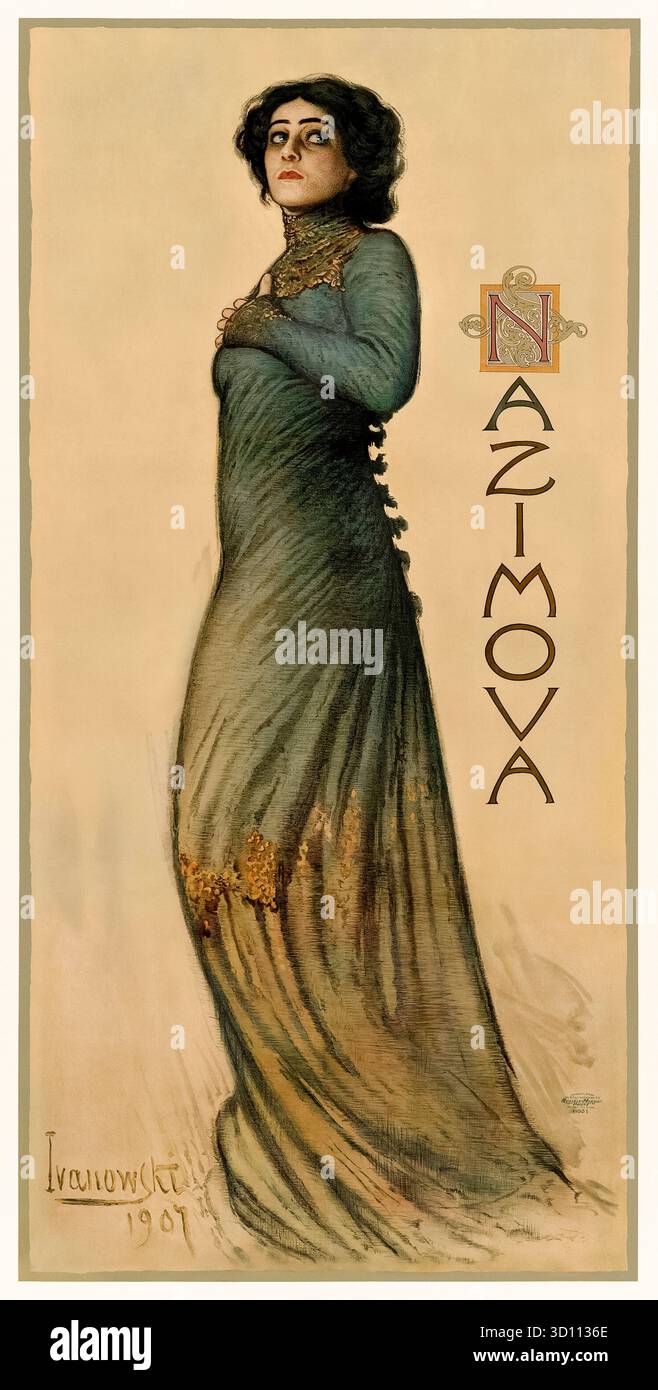 „Nazimova as Hedda Gabler“ 1907 Jugendstiltheater Poster von Art Nouveau Poster des Ukrainisch-polnischen Künstlers Sigismund de Ivanowski (1875-1944) mit der russisch-amerikanischen Schauspielerin Alla Nazimova (1879-1945) gekleidet als Titelfigur in Hedda Gabler des norwegischen Dramatikers Henrik Ibsen (1828-1906) im Bijou Theater, New York. Foto von einem vollständig restaurierten Original-Poster aus dem Jahr 1907. Kredit: Privatsammlung / AF Fotografie Stockfoto