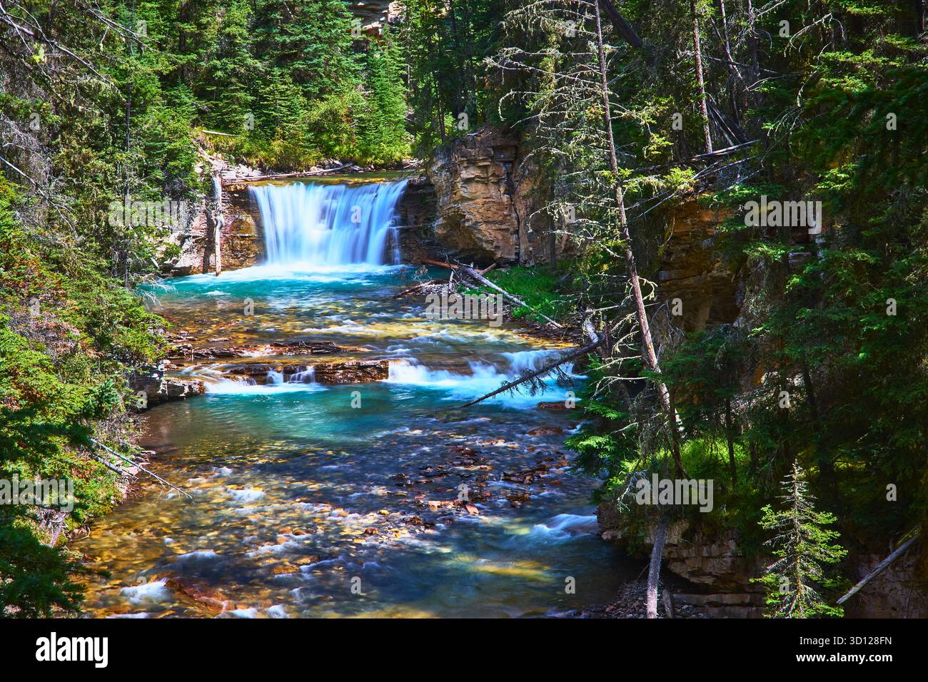 Der Wasserfall Fließt In Den Türkisfarbenen Pool Inmitten Des Üppigen Waldes In Der Sonnigen Wildnis Stockfoto