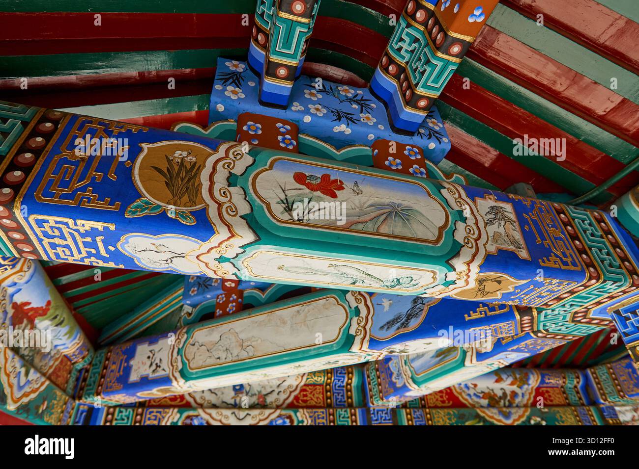 Nahaufnahme des Himmelstempels in Peking - Wanderpavillon mit wunderschönen Gemälden, die das antike chinesische Leben und die Natur darstellen Stockfoto