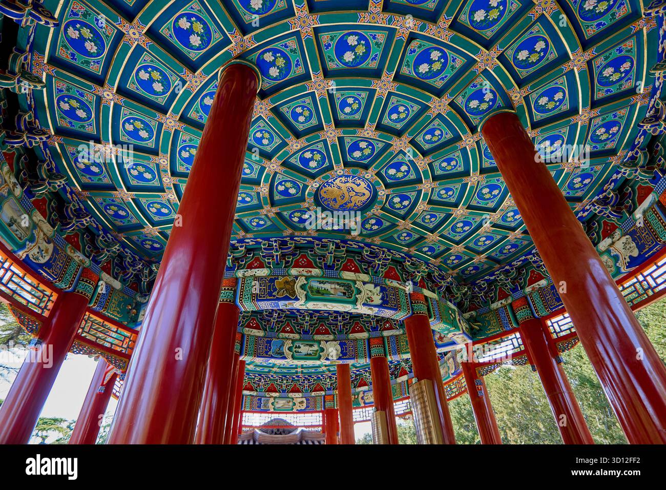 Nahaufnahme des Himmelstempels in Peking - Wanderpavillon mit wunderschönen Gemälden, die das antike chinesische Leben und die Natur darstellen Stockfoto
