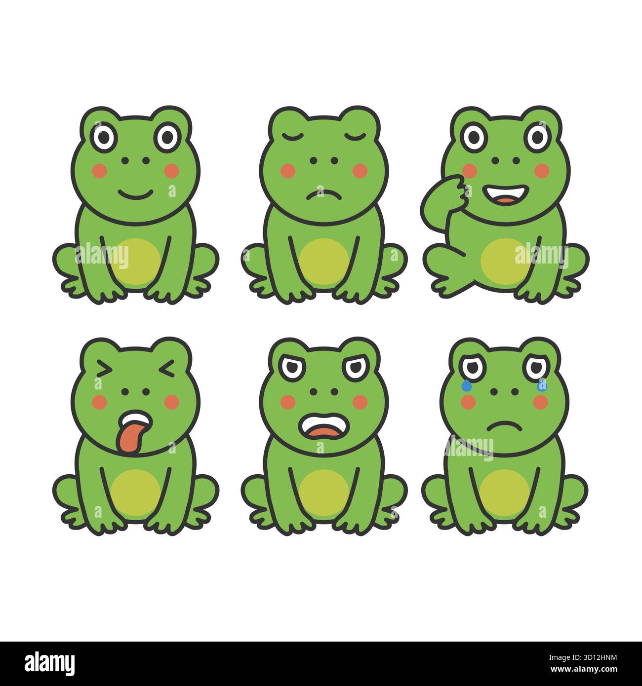 Entzückender Cartoon mit einer Sammlung niedlicher Froschfiguren mit verschiedenen Gesichtsausdrücken, beginnend mit Lächeln, traurigen, lachenden, bitteren, wütenden, A Stock Vektor