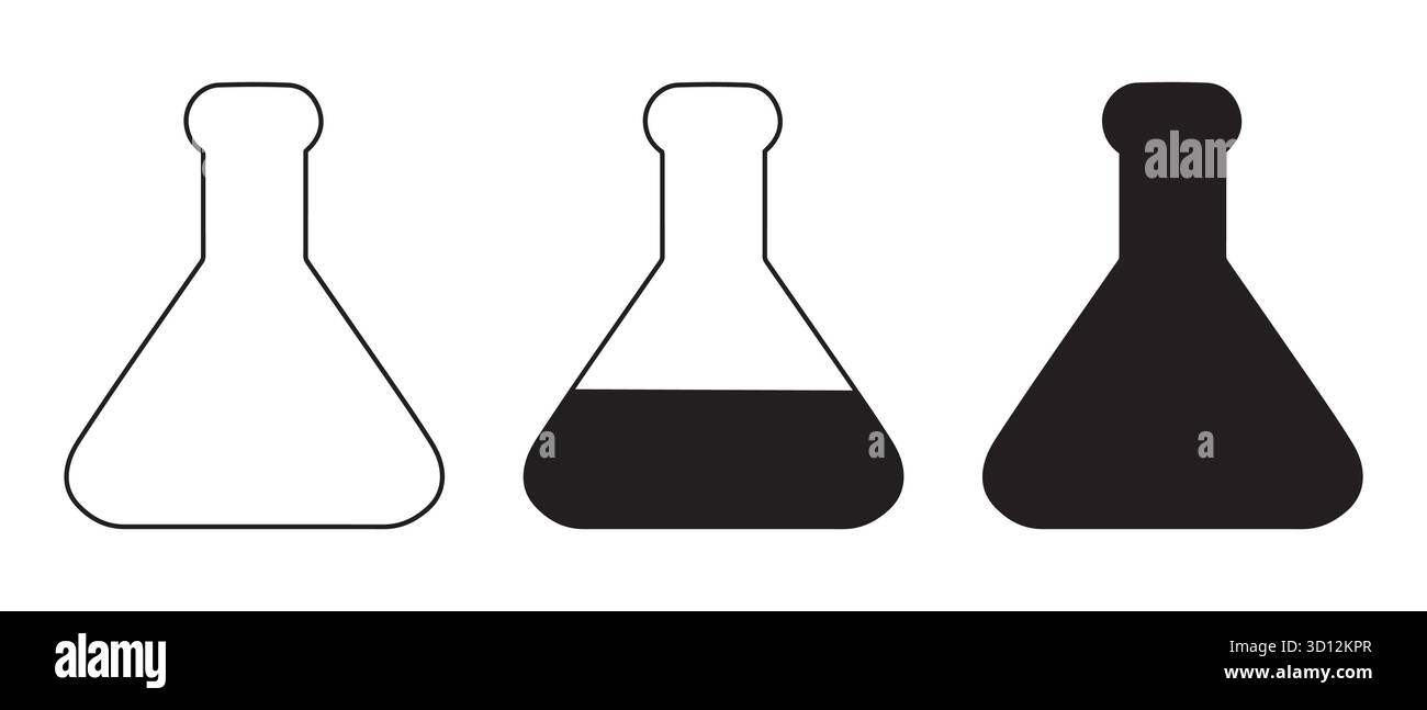 Symbole Für Laborkolben. Leere, halb gefüllte und vollständige Chemiesymbole für wissenschaftliche Grafiken. Stock Vektor