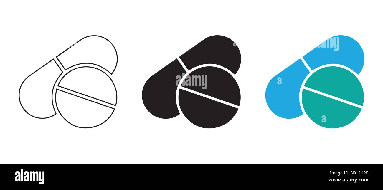 Medizinische Pille Und Kapsel Icons. Kontur-, Volumenkörper- und Farbvarianten für Design im Gesundheitswesen. Stock Vektor