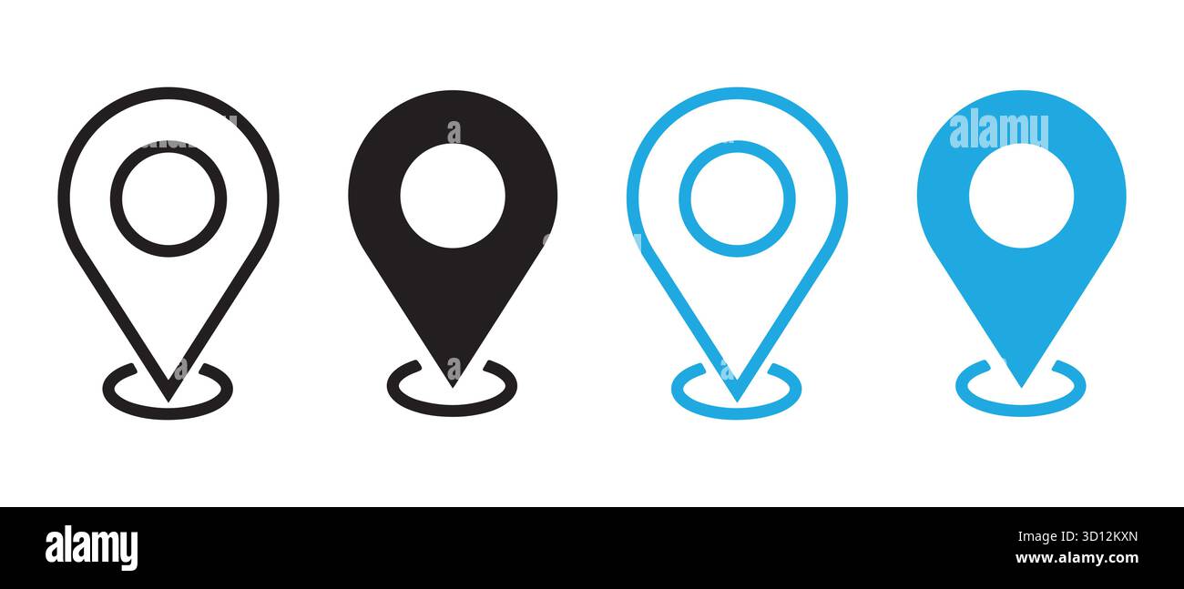 Minimalistische Positionssymbole. Schwarze und blaue Kartenmarkierungen für UI- und Navigationsdesign. Stock Vektor