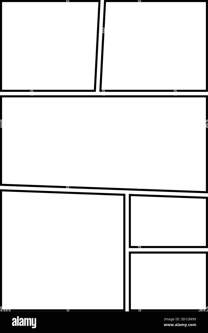 Comic-Panel. Leere Vorlage für Manga-Collage. Bereich für Storyboard-Layout. Leerer Zeilenrahmen für Fotocollage. Comic-Brett-Mockup. Vektor Stock Vektor