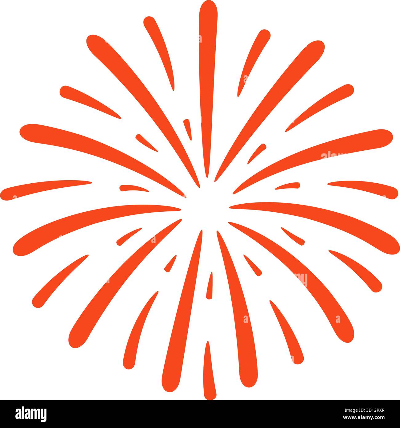 Geschwungenes symmetrisches Feuerwerk in Rot und Orange. Flacher Cartoon-Stil, isoliert auf Transparent. Illustration des Rohvektors in abgewickelter Form. Stock Vektor