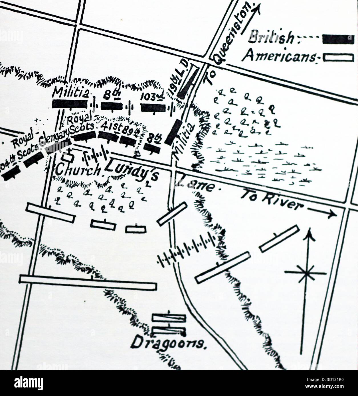 Zeichnen Sie eine Karte für die Schlacht von Lundy’s Lane, die am 25. Juli 1814 in der Nähe der Niagarafälle in Oberkanada (heute Ontario) ausgetragen wurde und eine der blutigsten Gefechte des Krieges von 1812 war. Es endete nicht eindeutig, aber der amerikanische Vormarsch nach Kanada wurde gestoppt. Aus einem gedruckten Bild, das 1932 von Western Mail and Echo Ltd unter dem Titel The History of the Welch Regiment veröffentlicht wurde. Stockfoto