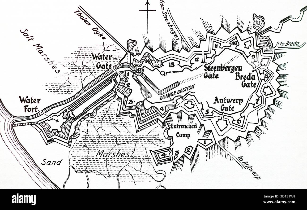 Skizzenkarte mit der Schlacht von Bergen-op-Zoom, die am 8. März 1814 während des Sechsten Koalitionskrieges stattfand. Es war ein gescheiterter britischer Angriff auf eine französische Festung in den Niederlanden, der zu einer kostspieligen Niederlage führte. Aus einem gedruckten Bild, das 1932 von Western Mail and Echo Ltd unter dem Titel The History of the Welch Regiment veröffentlicht wurde. Stockfoto