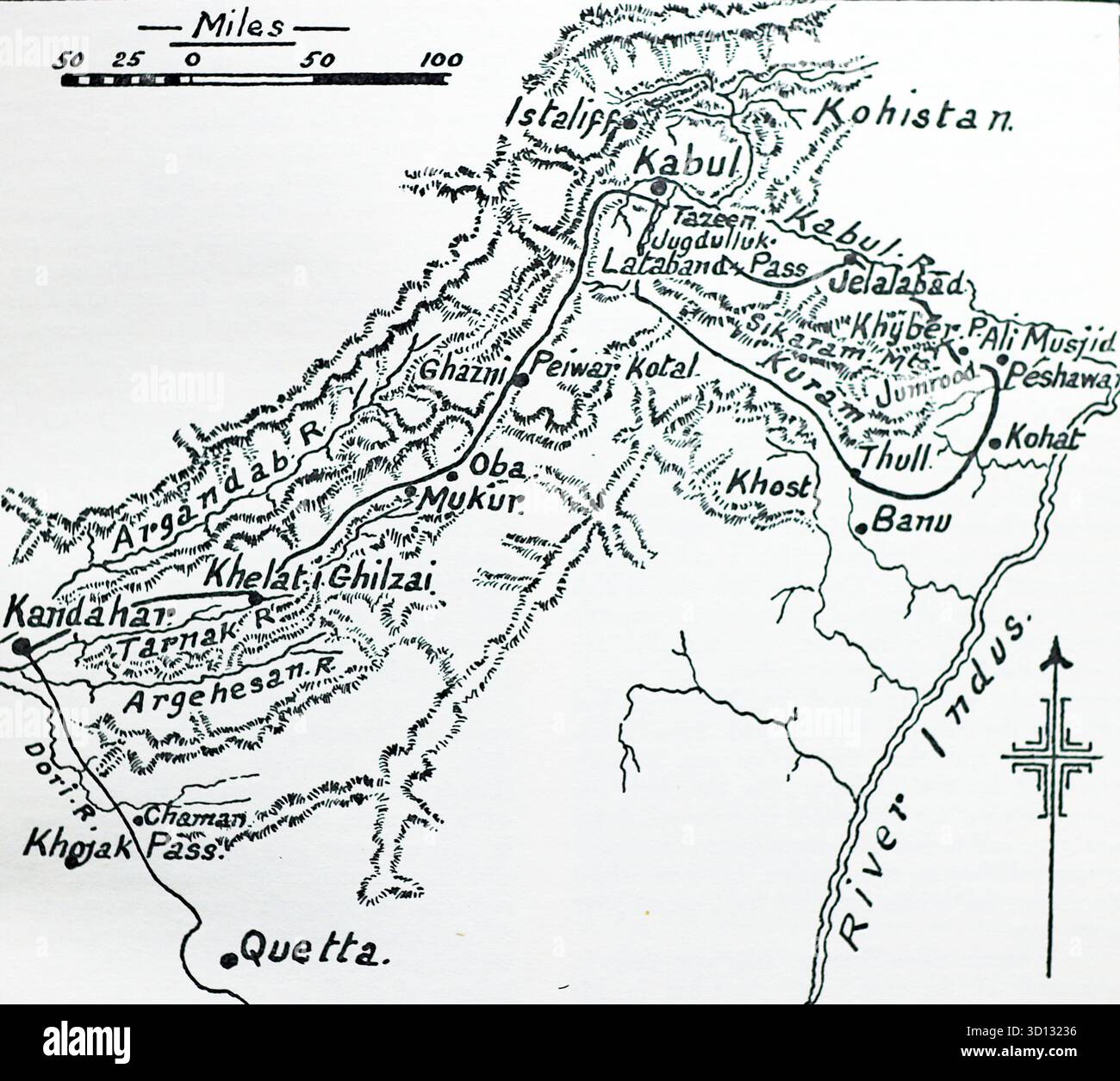 Sketch Map of Afghanistan, 1842: 1842 spielte das 41st (welch) Regiment of Foot eine bedeutende Rolle bei der britischen Vergeltungskampagne während des Ersten Anglo-Afghanischen Krieges, insbesondere bei den Operationen in Kandahar und Kabul nach dem katastrophalen Rückzug aus Kabul Anfang des Jahres. Aus einem gedruckten Bild, das 1932 von Western Mail and Echo Ltd unter dem Titel The History of the Welch Regiment veröffentlicht wurde. Stockfoto