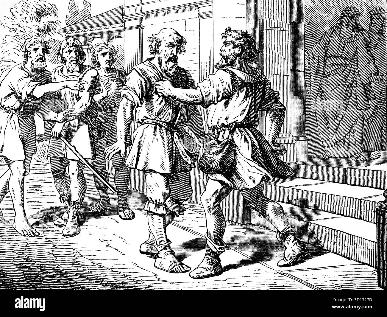 Die Unbarmherzigkeit des großen Schuldners gegen den Diener, Schulden, Schuldner und Gläubiger, Zorn, Diener, Ungeduld, Erwürgen, Drohung, Armut, Priso Stockfoto