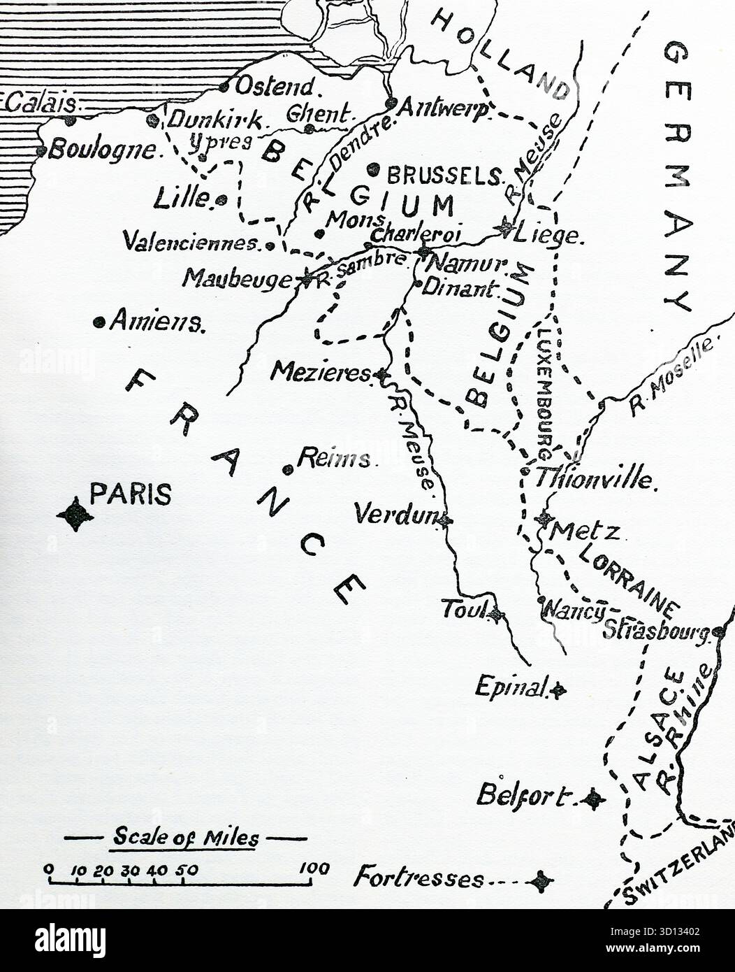 Eine Umrissskizze der Westfrontgrenzen, 1914. Zeigt die Grenzen zwischen Frankreich, Belgien und Deutschland sowie die Positionen der Festungen. Aus einem gedruckten Bild, das 1932 von Western Mail and Echo Ltd unter dem Titel The History of the Welch Regiment veröffentlicht wurde. Stockfoto