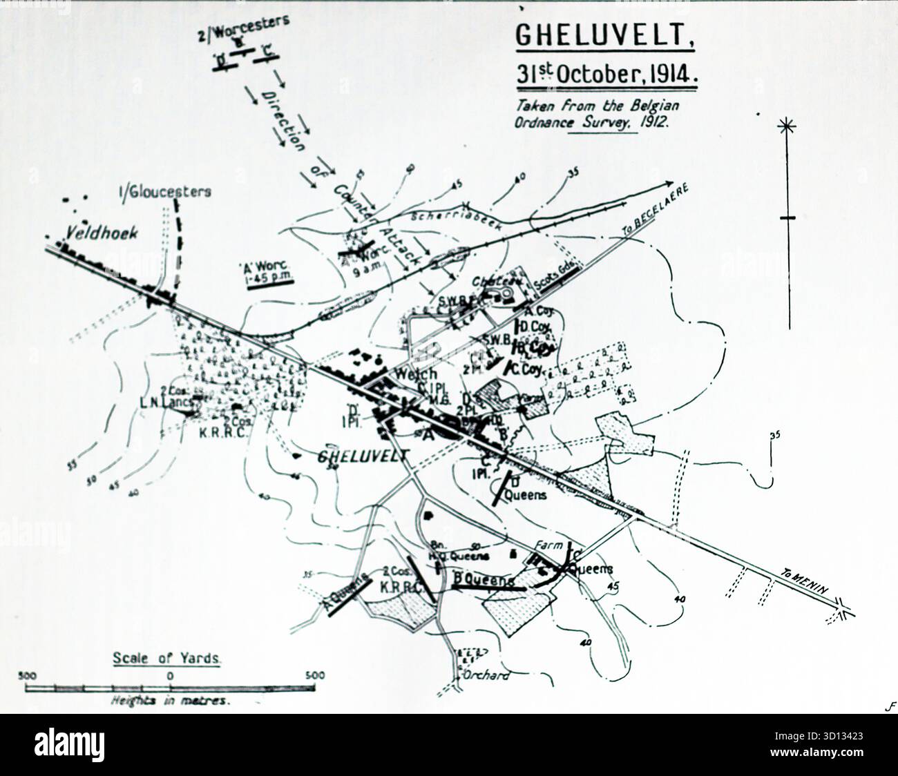 Skizzenkarte von Gheluvelt: Am 31. Oktober 1914, während der ersten Schlacht von Ypern, eroberten britische Truppen das Dorf Gheluvelt zurück, um einen verzweifelten Gegenangriff zu verhindern, der einen deutschen Durchbruch verhinderte und die Kanalhäfen schützte. Es war ein entscheidender Moment für die British Expeditionary Force (BEF). Aus einem gedruckten Bild, das 1932 von Western Mail and Echo Ltd unter dem Titel The History of the Welch Regiment veröffentlicht wurde. Stockfoto