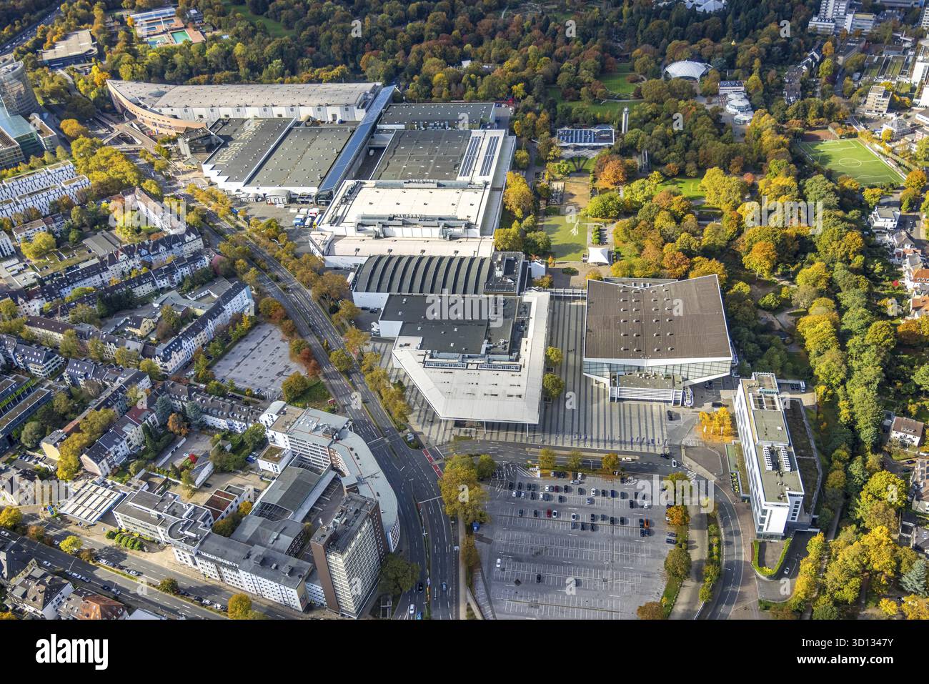 Luftaufnahme, Messe Essen Gelaende, Grugahalle, Bredeney, Essen, Ruhrgebiet, Nordrhein-Westfalen, Deutschland, DE, Europa, Luftfotografie, Luftpho Stockfoto