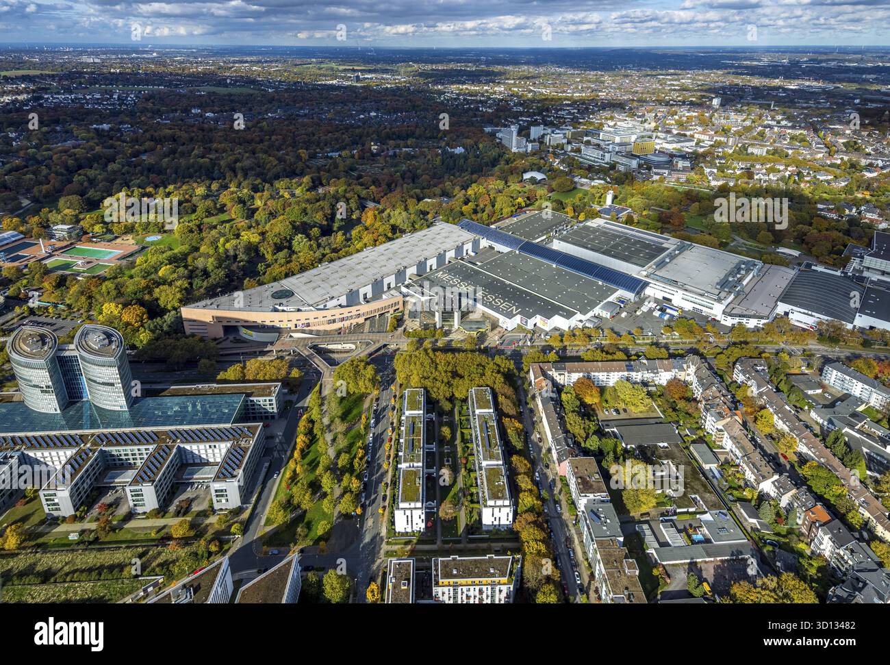 Luftaufnahme, Messe Essen, Übersicht, Bredeney, Essen, Ruhrgebiet, Nordrhein-Westfalen, Deutschland, DE, Europa, Luftbild, Luftbild, Ex Stockfoto