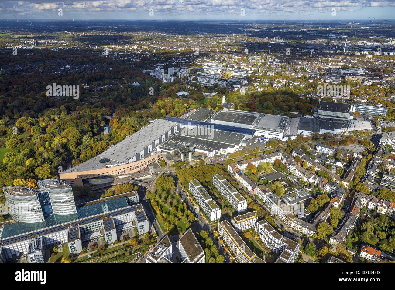 Luftaufnahme, Messe Essen, Übersicht, Bredeney, Essen, Ruhrgebiet, Nordrhein-Westfalen, Deutschland, DE, Europa, Luftbild, Luftbild, Ex Stockfoto