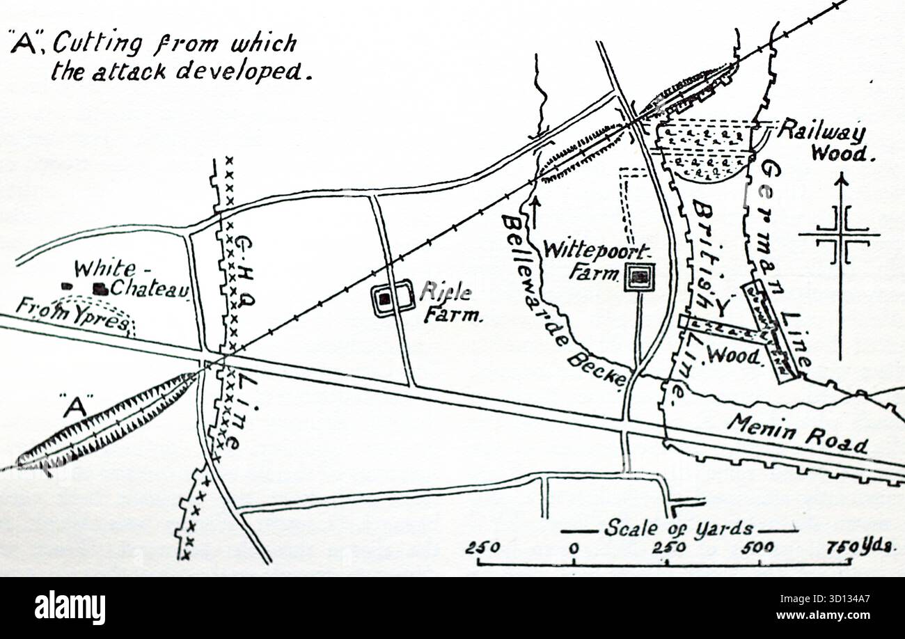 Skizzenkarte: Schlacht von Bellewaarde Bridge, 24. Mai 1915: Die Schlacht von Bellewaarde Ridge (oft als Bellewaarde Bridge bezeichnet) fand am 24./25. Mai 1915 in der Nähe von Ypern, Belgien, während der zweiten Schlacht von Ypern statt. Es war ein heftiger deutscher Angriff, der auf den Durchbruch britischer Linien abzielte, gekennzeichnet durch schwere Artillerie, Gasangriffe und Grabenkämpfe. Aus einem gedruckten Bild, das 1932 von Western Mail and Echo Ltd unter dem Titel The History of the Welch Regiment veröffentlicht wurde. Stockfoto
