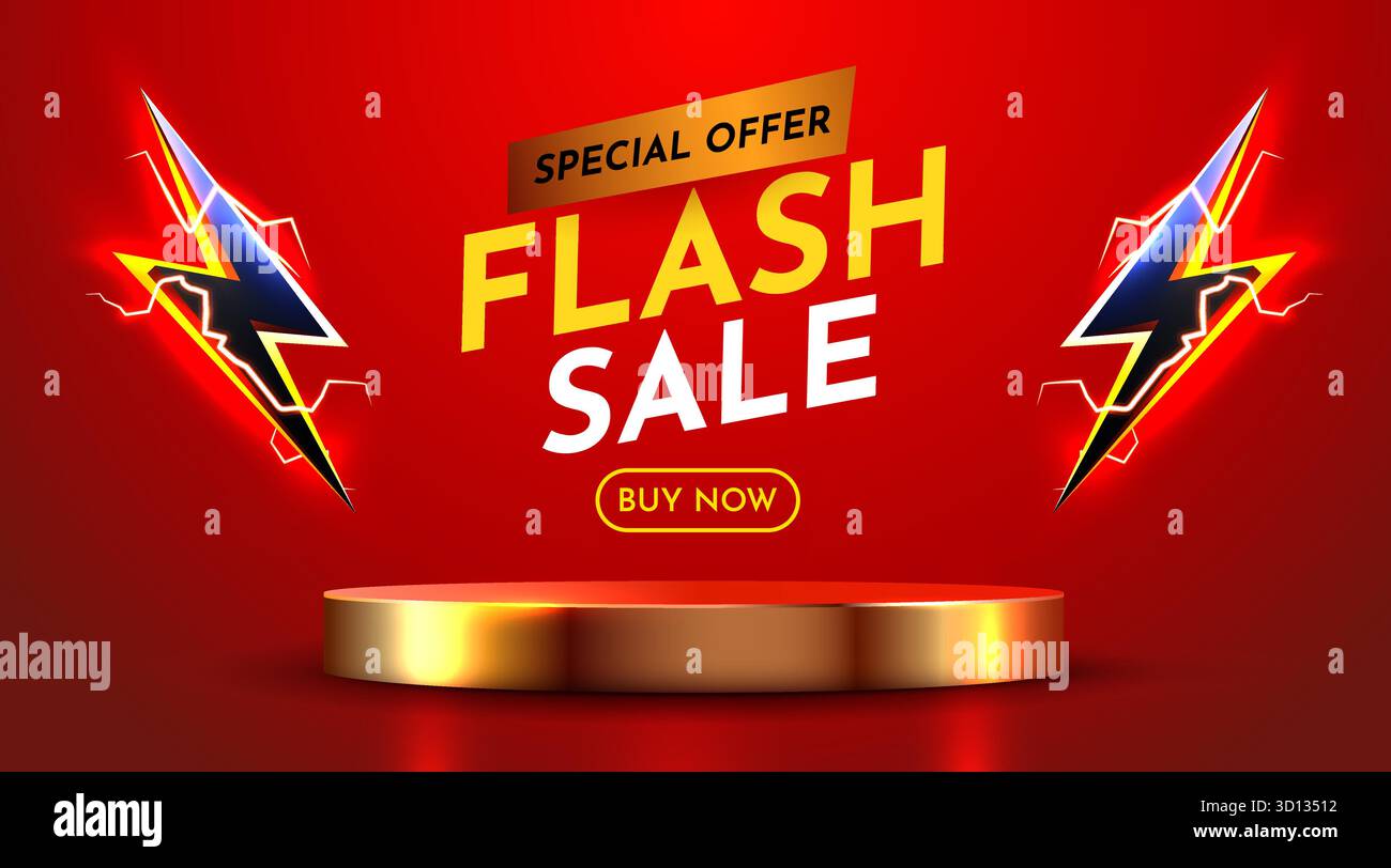 Lebendiges Flash-Werbebanner mit Podium und Blitzlichtern für Online-Werbeaktionen und Sonderangebote. Vektorabbildung Stock Vektor