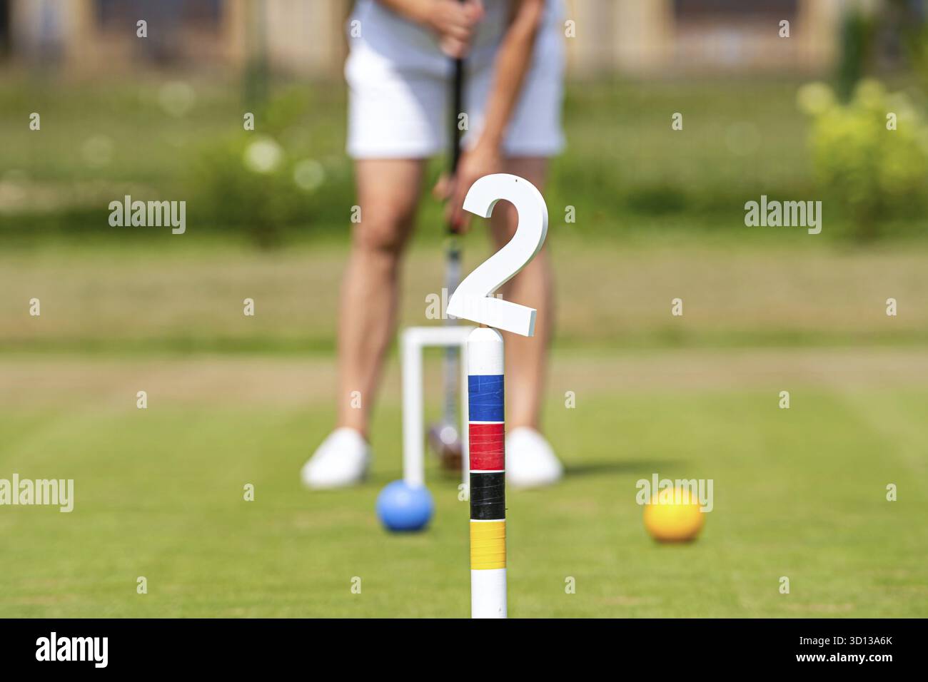 Die Spieler konzentrieren sich auf einen Krocketreifen, während sie sich darauf vorbereiten, den farbigen Ball im Spiel zu schlagen Stockfoto